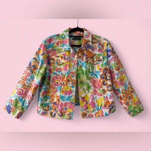 Lauren Ralph Lauren Colorful Watercolor Floral Print Denim Jacket Sz Medium